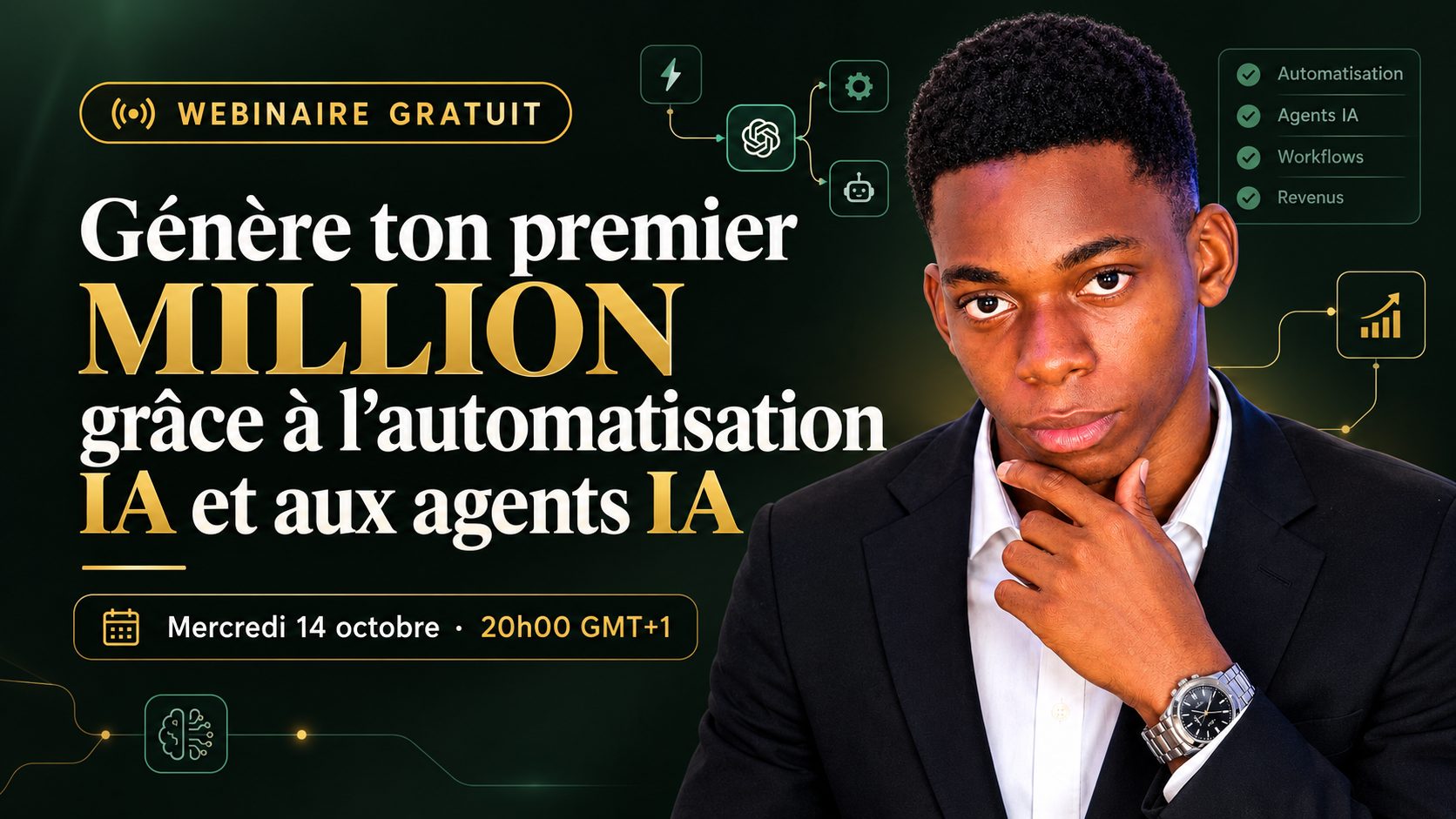 Webinaire gratuit : Génère ton premier million grâce à l'automatisation IA et aux agents IA — mercredi 14 octobre, 20h00 GMT+1